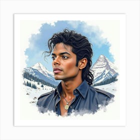 Watercolor Portrait Of Michael Jackson With A Snowy Mountain View 1 Art Print