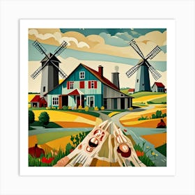 Old Farmhouse With Wind Mills Cubism Style Art Print