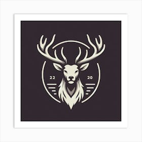 A Minimalist Line Drawing of a Deer's Head with Large antlers Encircled by a Circle Frame with the Numbers 22 and 20 on Either Side of the Circle and Three Horizontal Lines Centered Vertically on Each Side of the Circle Frame Art Print