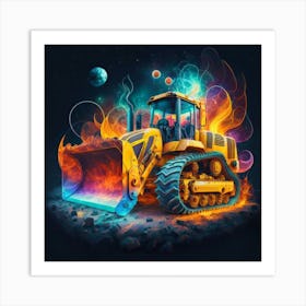 Yellow bulldozer surrounded by fiery flames 1 Art Print