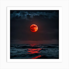 Red Moon Over The Ocean Art Print