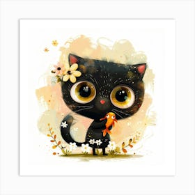 Black Cat With Flowers 12 Art Print