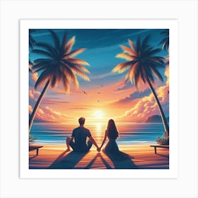 Sunset Couple On The Beach Art Print