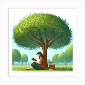 Girl Reading A Book Under A Tree 1 Art Print