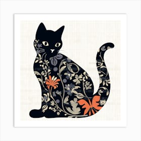 Black Cat With Flowers Art Print