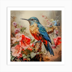 Tropical Majesty: Blue and Orange Bird with Vibrant Florals - Nature Art Art Print