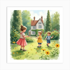 Romanian Children Playing In English Gardens, Watercolor Depiction 1 Art Print