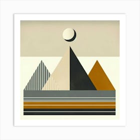 "Modern Abstract Geometric Landscape"  This contemporary artwork features an abstract geometric landscape with stylized pyramids and a minimalist sun, rendered in a soothing earth-toned color palette. Perfect for modern interior design lovers, this piece blends seamlessly with both home and office decors, providing a touch of elegance and tranquility. With its clean lines and bold shapes, it's an ideal choice for those seeking a modernist aesthetic in their art collection. Art Print