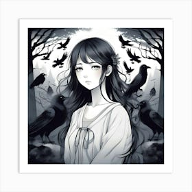 Sad Manga Girl With Crows Art Print