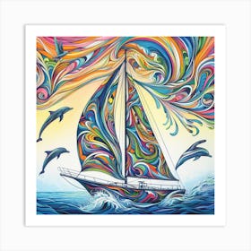 Sailboat With Dolphins 2 Art Print