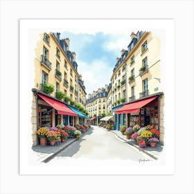 Parisian Street Corner In Watercolor With Flower Stalls And Charming Buildings 1 Art Print