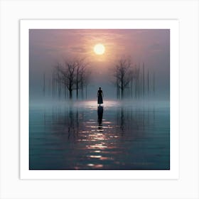 Woman Standing In Water At Sunset Art Print