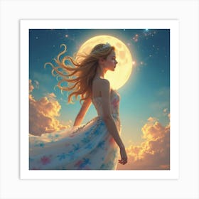 Gorgeous Woman In Watercolor Dress, Celestial Dreamscape 1 Art Print