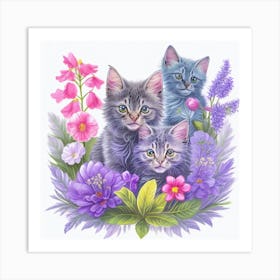 Kittens In Flowers Art Print