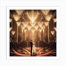 Glamorous Art Deco ballroom comes alive with the shimmering lights of a chandelier Art Print