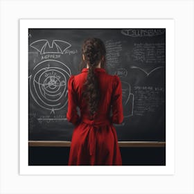 Girl In Red Dress In Front Of Blackboard Art Print