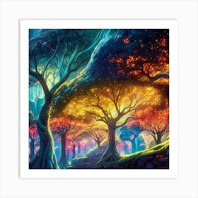 A captivating scene of trees that appear to be alive, with twinkling lights and vibrant 12 Art Print