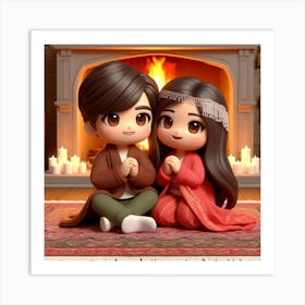 Cute Couple Sitting In Front Of Fireplace Art Print