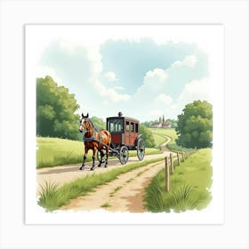 A Classic English Countryside Scene With A Horse Drawn Carriage, Watercolor Style 1 Art Print