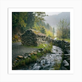 Stone House In The Rain Art Print