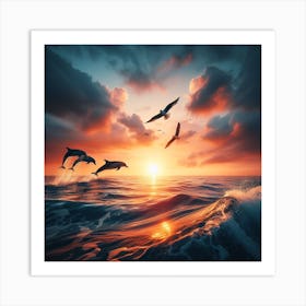 Sunset with Dolphins 2 Art Print