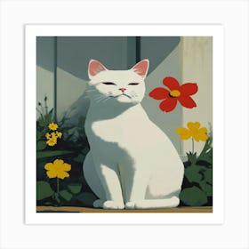 White Cat With Flowers Art Print