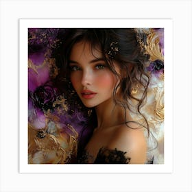 Beautiful Woman With Purple Flowers Art Print