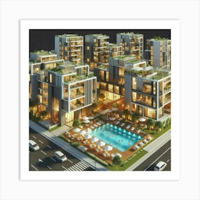 Night View Of Apartment Buildings Art Print