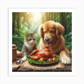 Cat And Dog Eating Dinner Art Print