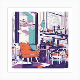 Drew Illustration Of Cup On Chair In Bright Colors, Vector Ilustracije, In The Style Of Dark Navy An (2) Art Print