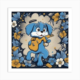 Blue Dog With A Guitar Art Print