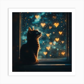 Dreamy Night Sky with Heart Stars Cat 7 Art Print