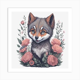 Cute Floral Wolf (7) Art Print