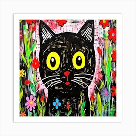 Mesmerized Kitty - Black Cat In Flowers 1 Art Print