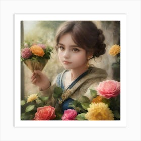 Chinese Girl With Flowers Art Print