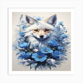 Fox With Blue Flowers.  Art Print