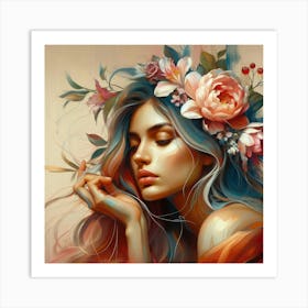 Woman With Flowers On Her Head Art Print