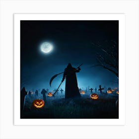 Reaper Silhouette Scythe Raised Against A Backdrop Of A Full Moon On Halloween Night With Wisps O (5) Art Print