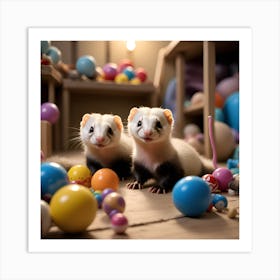 Picture A Group Of Mischievous Ferrets Playfully Exploring A Room Filled With Toys Tunnels And Balls Art Print