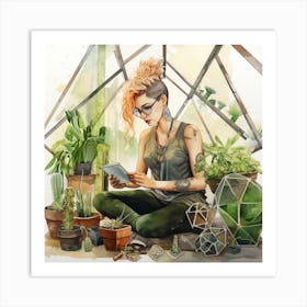 Pink Haired Girl In A Greenhouse With Succulents Watercolour Art Print