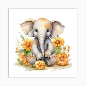 Elephant With Flowers Póster