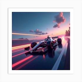 Formula Car Speeding Down A Futuristic Road With Neon Stripes In The Sky 1 Art Print