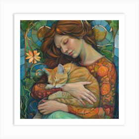 Woman with her Beloved Cat in Style of Art Nouveau 6 Art Print