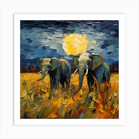 Elephants At Night Art Print