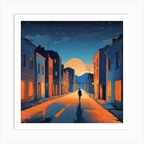 Night Scene Of A Street With A Person Walking Down The Street Art (3) Art Print