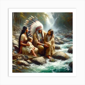 Oil Texture Native American Family By Stream Copy Art Print