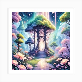 A Fantasy Forest With Twinkling Stars In Pastel Tone Square Composition 199 Art Print