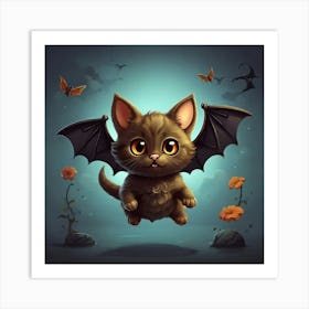 Cute Cat Bat Flying Cartoon Il Art Print