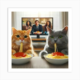 Two Cats Are Sitting On A Couch, Eating Spaghetti And Watching Tv2 Art Print