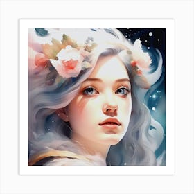 Girl With Flowers In Her Hair Art Print